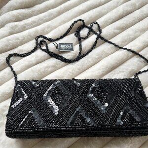 New 1980s Black Beaded Snap Clutch Crossbody Purse